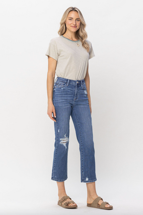 Judy Blue Destroy Pocket Embroidery Straight Leg Crop Jeans