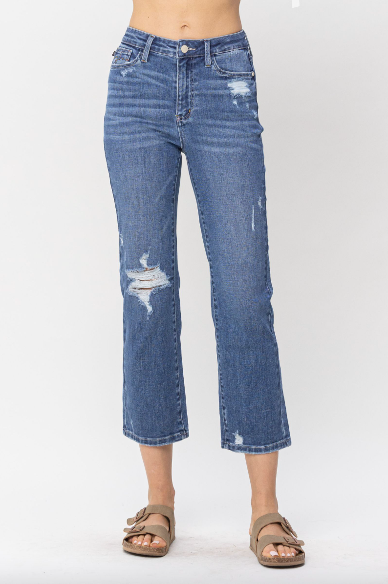 Judy Blue Destroy Pocket Embroidery Straight Leg Crop Jeans