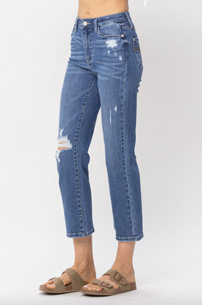 Judy Blue Destroy Pocket Embroidery Straight Leg Crop Jeans