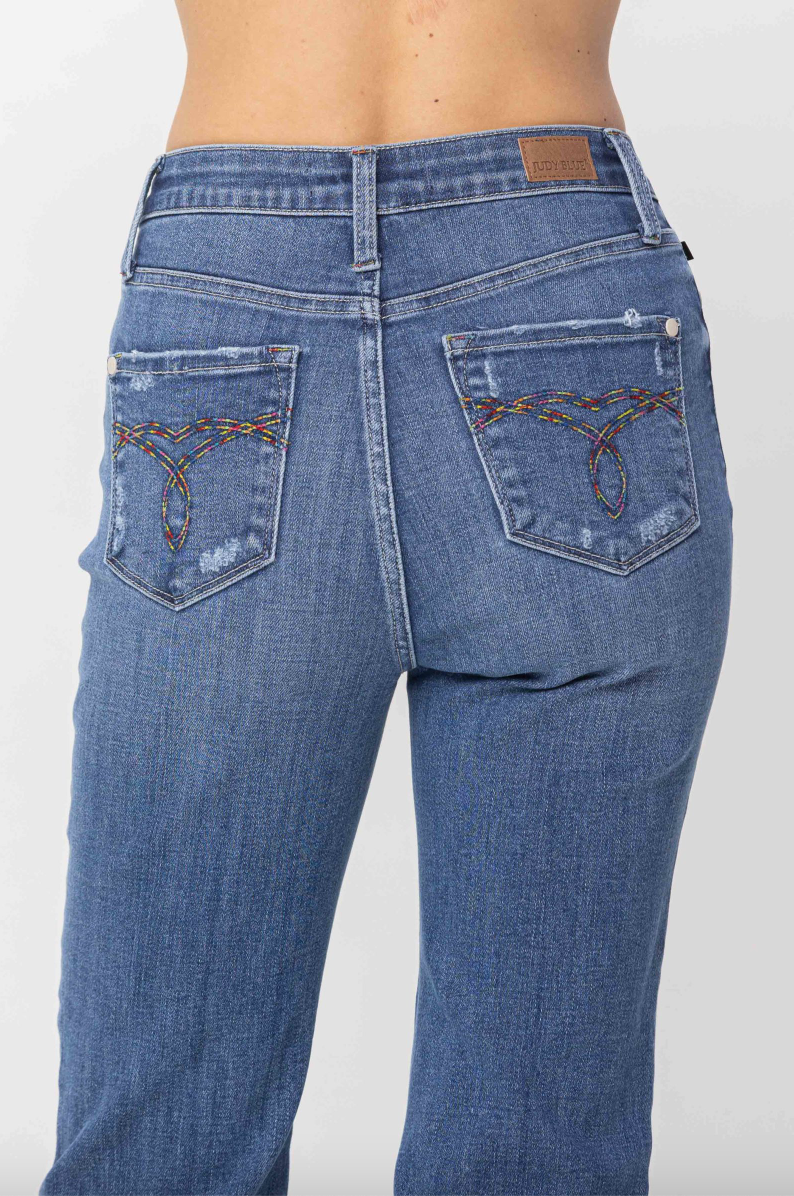 Judy Blue Destroy Pocket Embroidery Straight Leg Crop Jeans