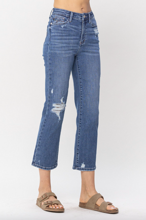 Judy Blue Destroy Pocket Embroidery Straight Leg Crop Jeans