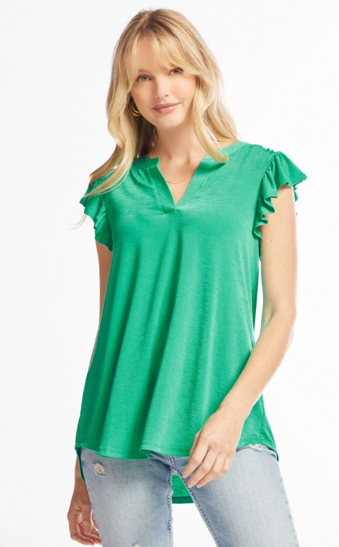 Figure It Out Ruffle Sleeve Top - Emerald