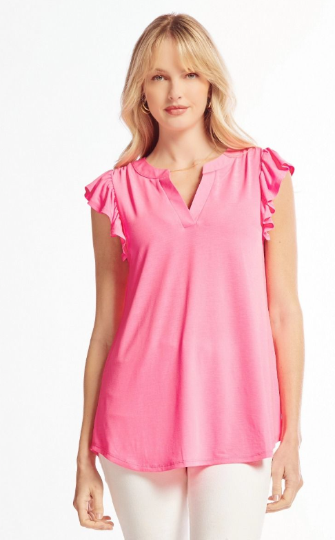 Figure It Out Ruffle Sleeve Top - Neon Pink