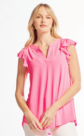 Figure It Out Ruffle Sleeve Top - Neon Pink