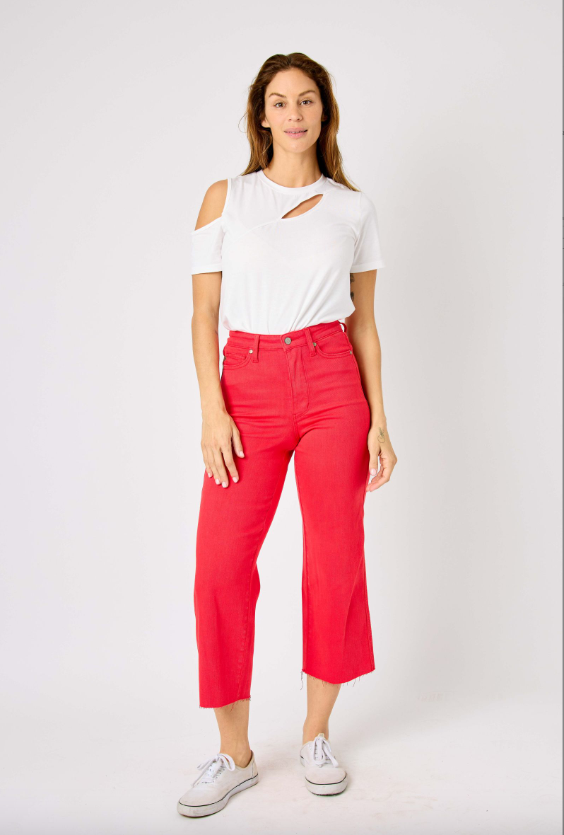 Judy Blue Tummy Control Wide Leg Crop - Red