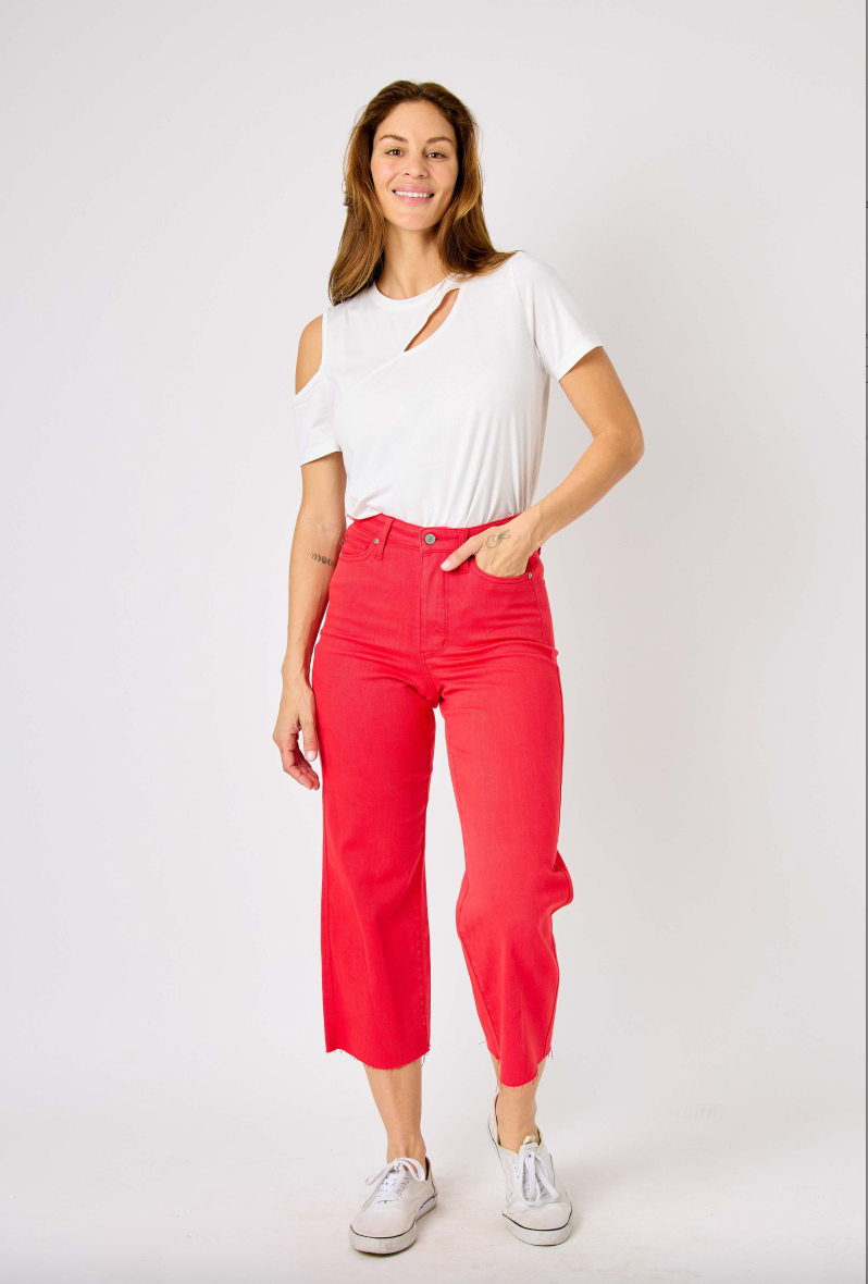 Judy Blue Tummy Control Wide Leg Crop - Red