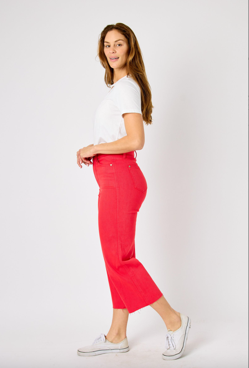 Judy Blue Tummy Control Wide Leg Crop - Red