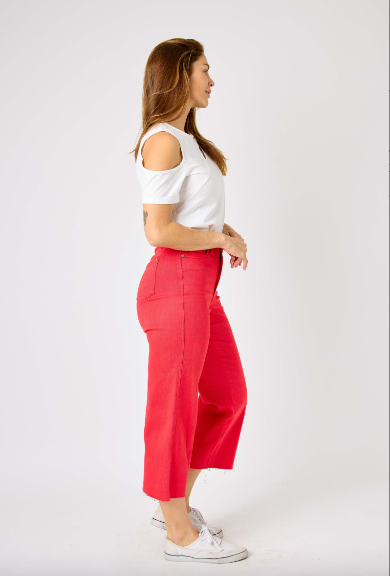 Judy Blue Tummy Control Wide Leg Crop - Red