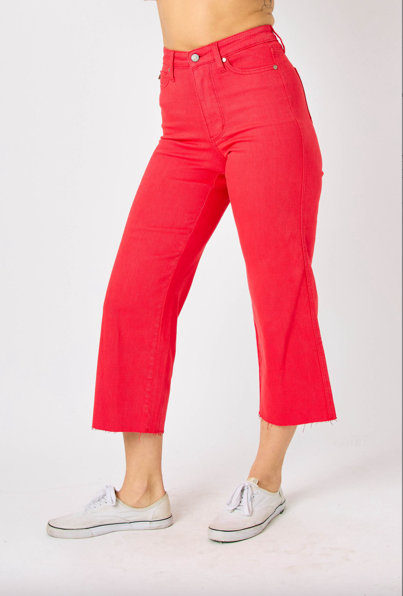 Judy Blue Tummy Control Wide Leg Crop - Red