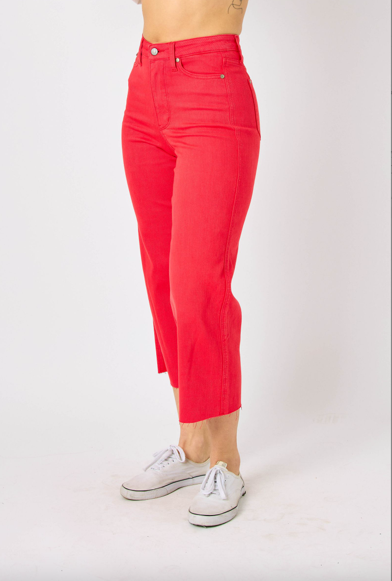 Judy Blue Tummy Control Wide Leg Crop - Red