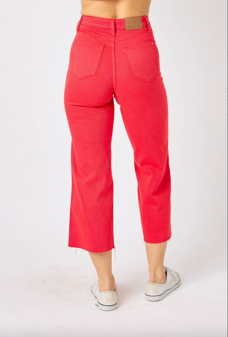 Judy Blue Tummy Control Wide Leg Crop - Red