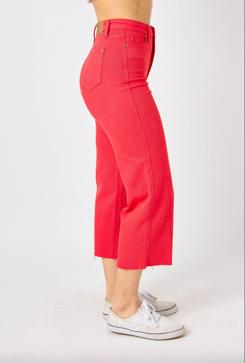Judy Blue Tummy Control Wide Leg Crop - Red