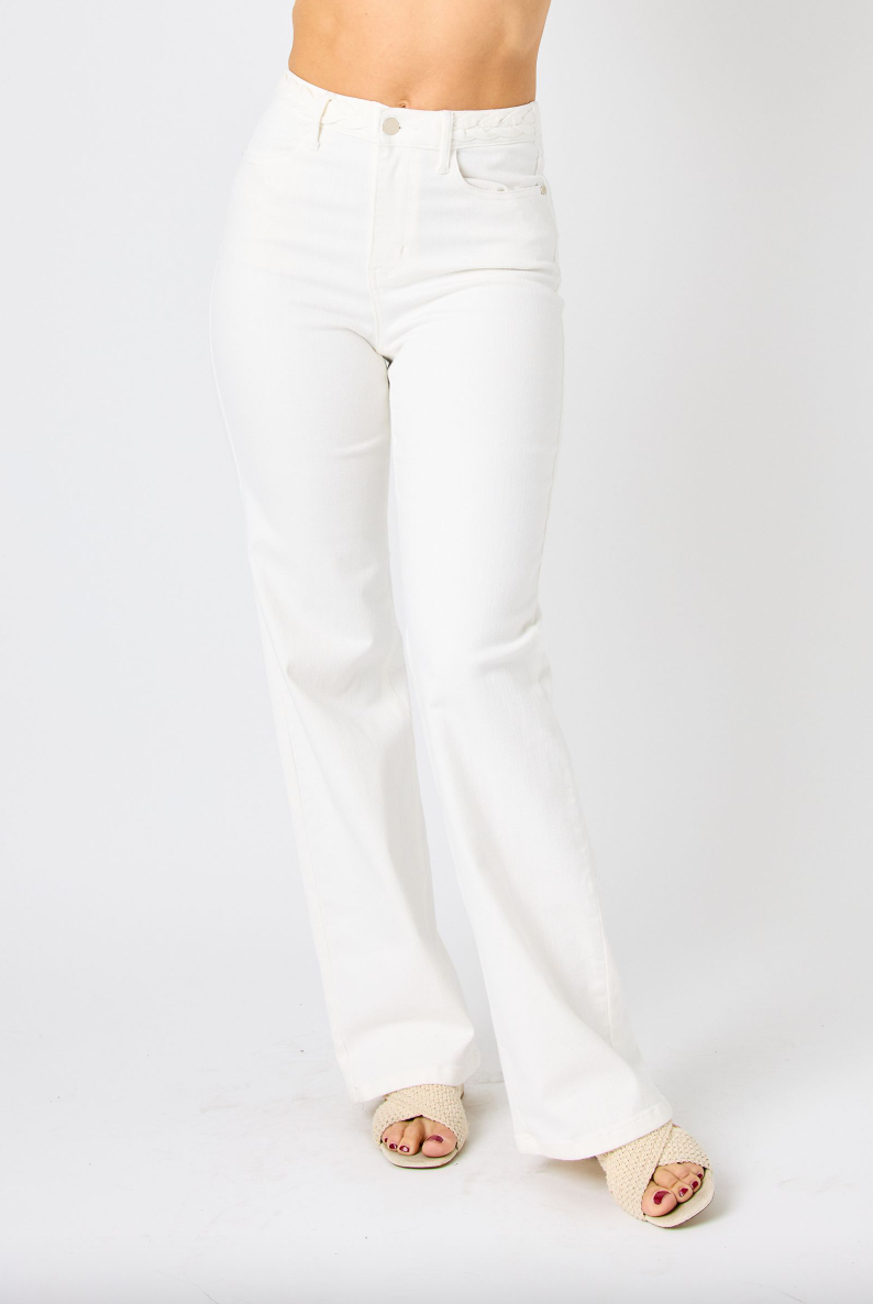 Judy Blue White Braided Waist Wide Leg Jeans