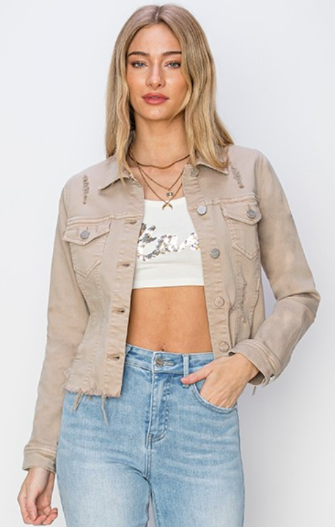 Make Me Happy Fray Hem Color Jean Jacket - Taupe