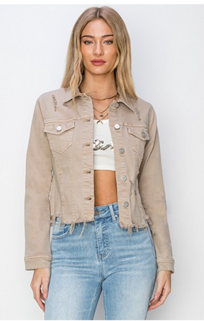 Make Me Happy Fray Hem Color Jean Jacket - Taupe