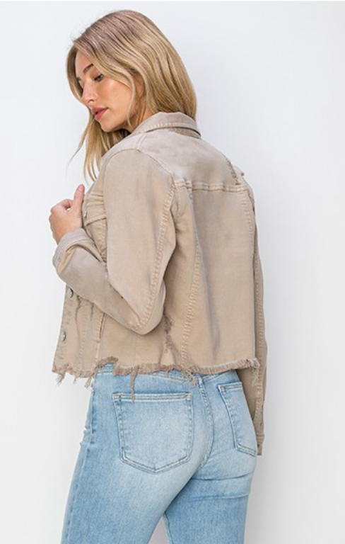 Make Me Happy Fray Hem Color Jean Jacket - Taupe