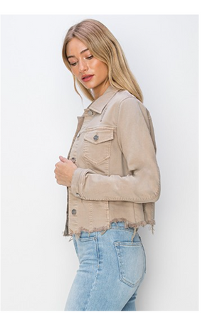 Make Me Happy Fray Hem Color Jean Jacket - Taupe