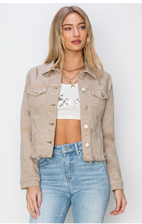 Make Me Happy Fray Hem Color Jean Jacket - Taupe