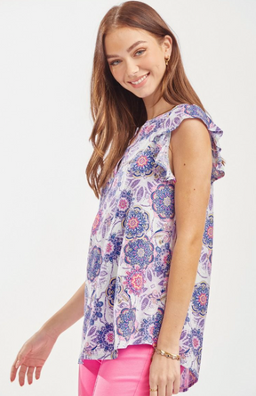 Figure It Out Ruffle Sleeve Top - Lavender Multi