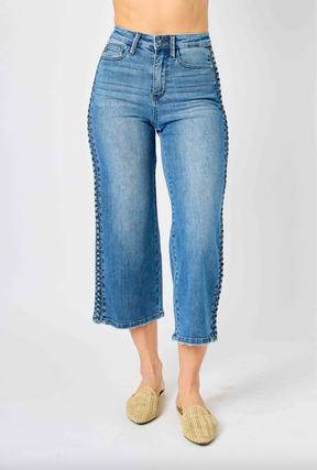 Judy Blue Braided Cropped Wide Leg Jeans