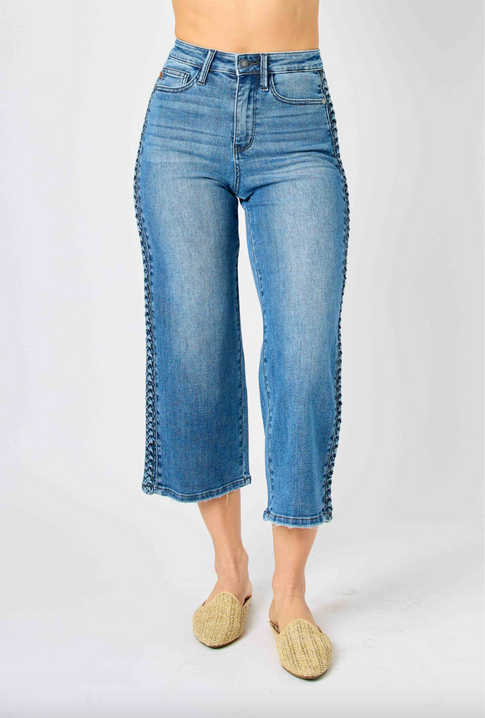 Judy Blue Full Size Side Seam Braid Detail Crop Wide Leg Jeans main image 0