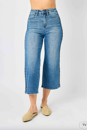 Judy Blue Braided Cropped Wide Leg Jeans