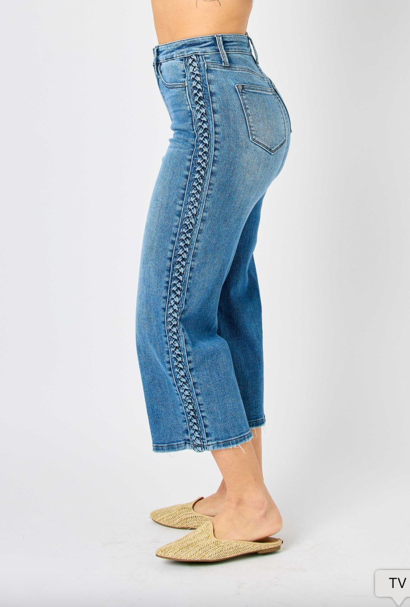 Judy Blue Braided Cropped Wide Leg Jeans