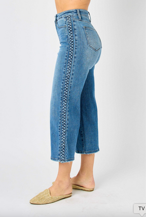 Judy Blue Braided Cropped Wide Leg Jeans