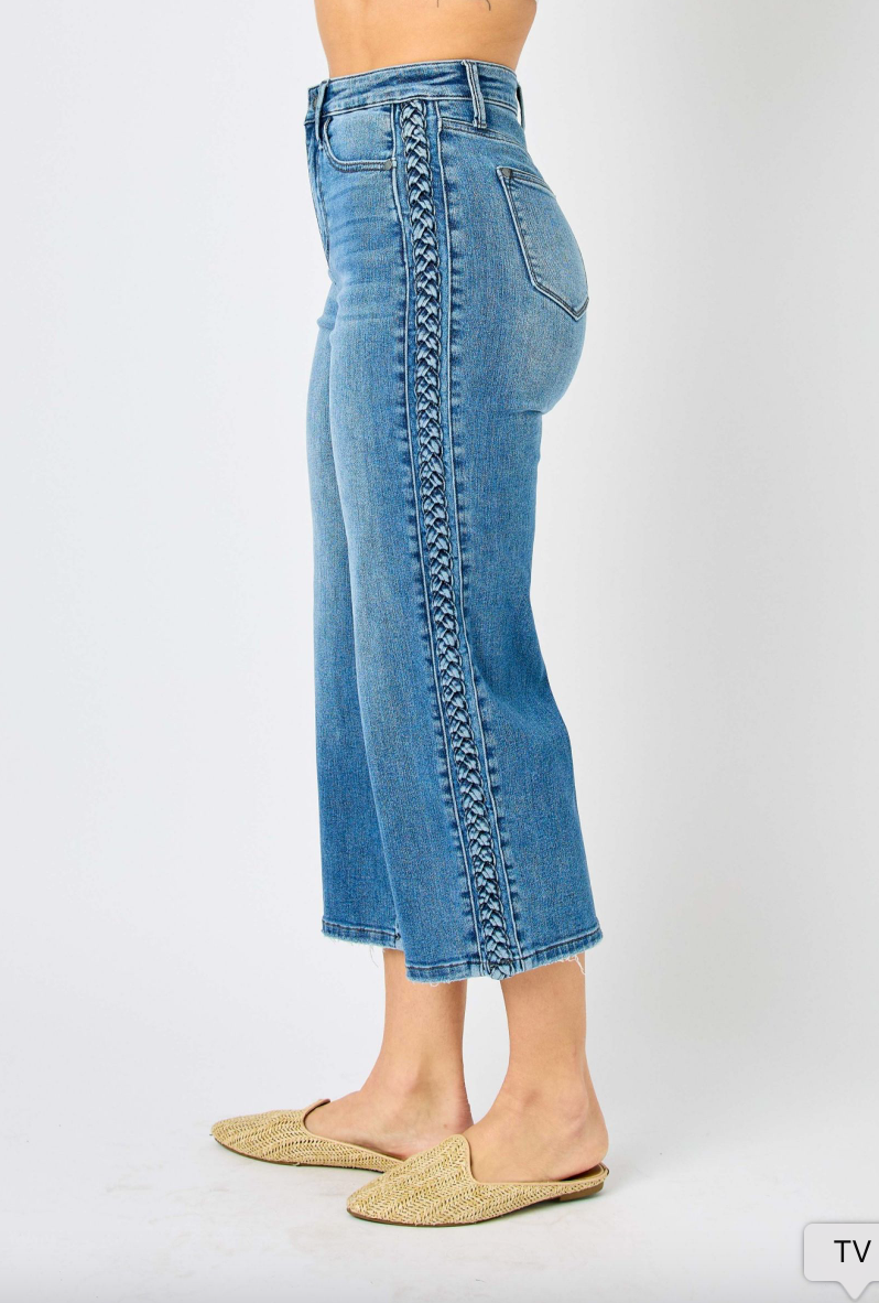 Judy Blue Braided Cropped Wide Leg Jeans