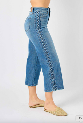 Judy Blue Braided Cropped Wide Leg Jeans