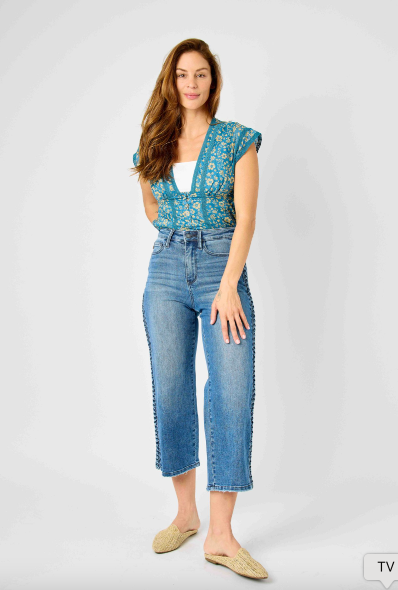 Judy Blue Braided Cropped Wide Leg Jeans