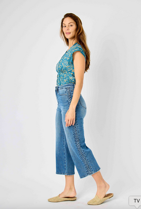 Judy Blue Braided Cropped Wide Leg Jeans