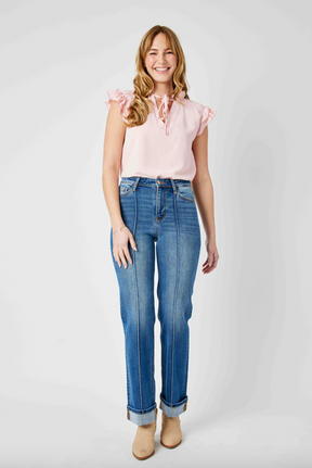 Judy Blue Front Seam Cuffed Straight Leg Jeans