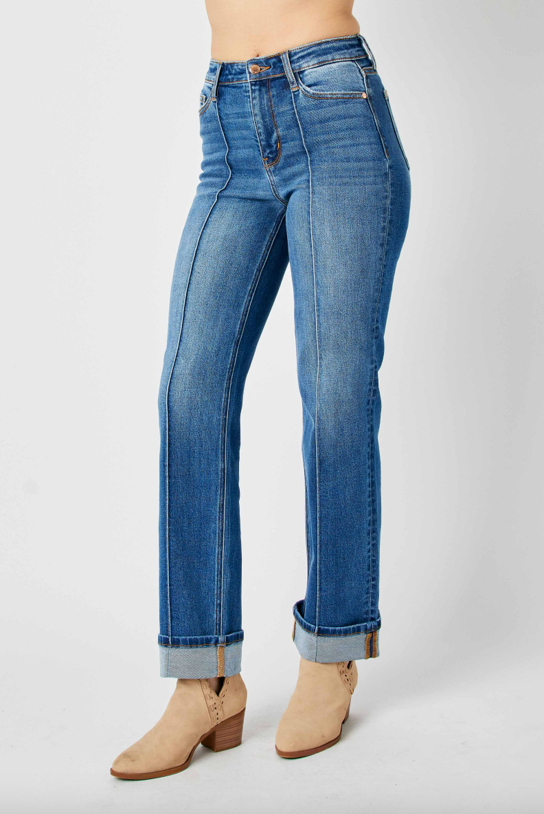 Judy Blue Front Seam Cuffed Straight Leg Jeans