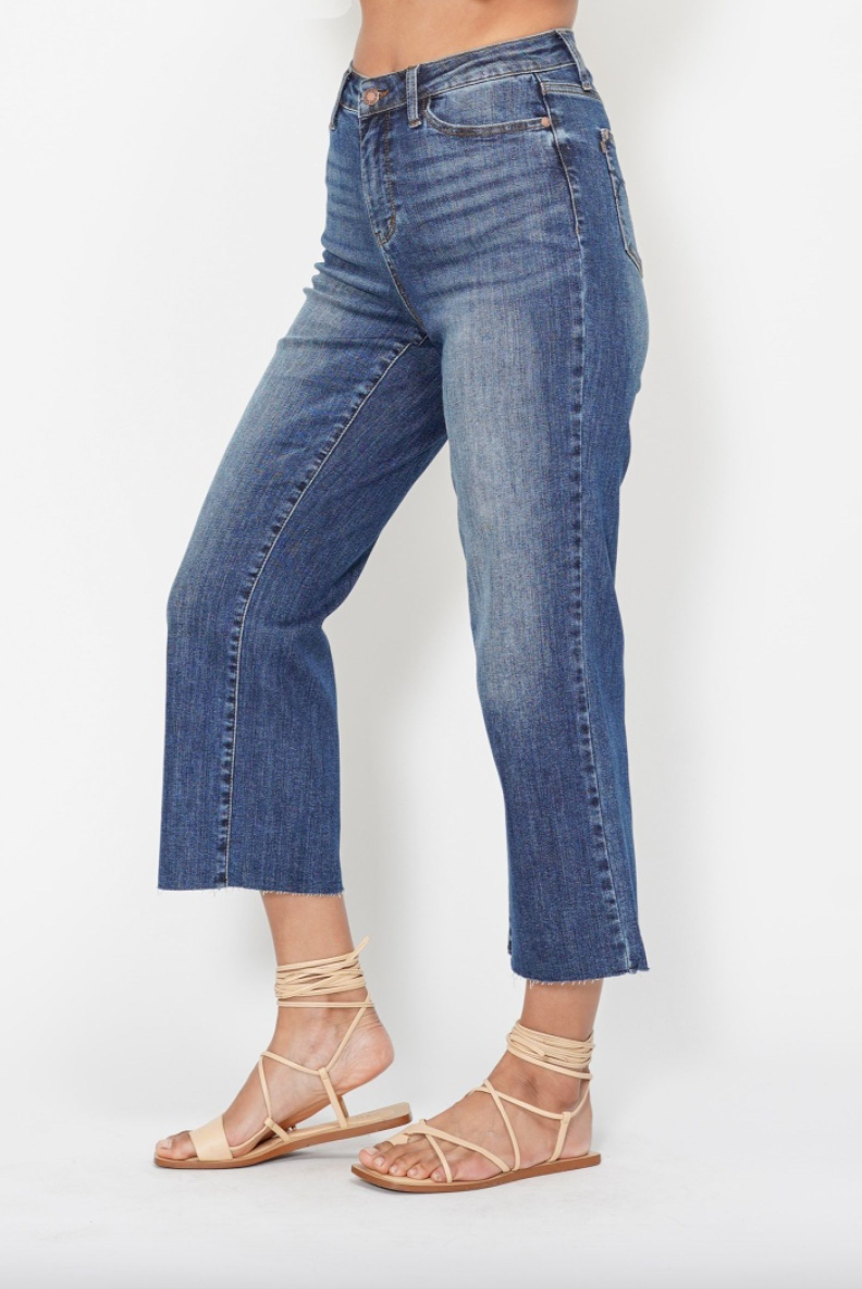 Judy Blue Embroidered Pocket Cropped Wide Leg Jeans