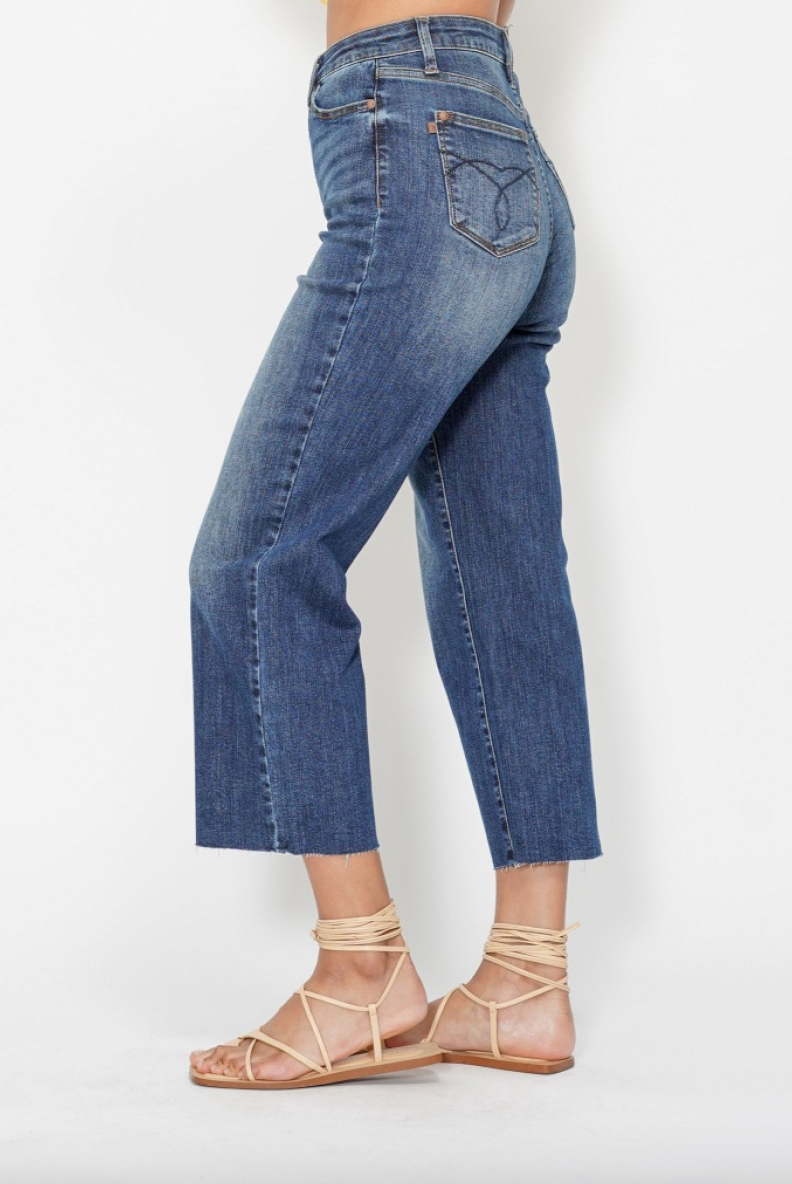 Judy Blue Embroidered Pocket Cropped Wide Leg Jeans