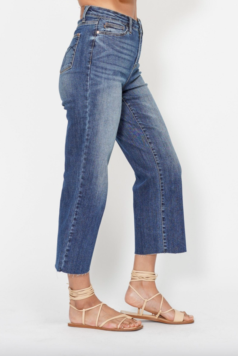 Judy Blue Embroidered Pocket Cropped Wide Leg Jeans