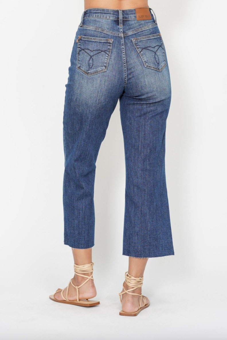 Judy Blue Embroidered Pocket Cropped Wide Leg Jeans