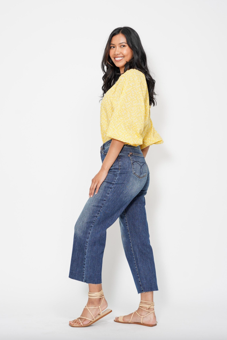 Judy Blue Embroidered Pocket Cropped Wide Leg Jeans