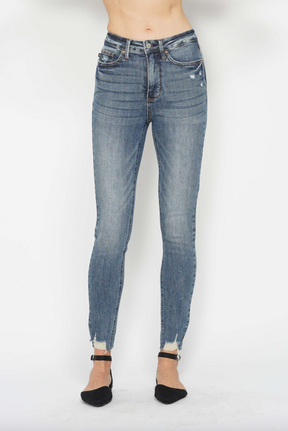 Judy Blue Tummy Control Vintage Wash Destroy Hem Skinny Jeans