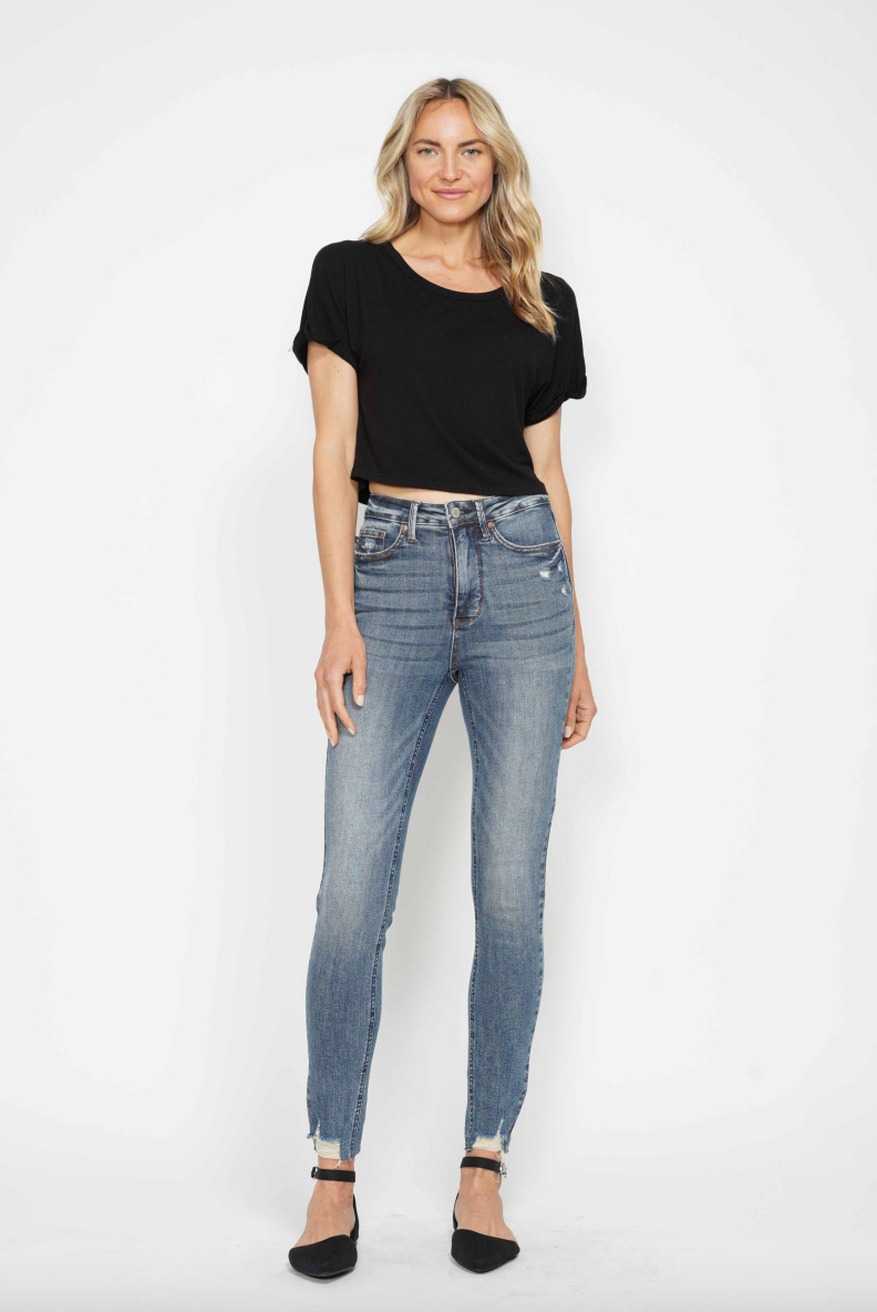 Judy Blue Tummy Control Vintage Wash Destroy Hem Skinny Jeans