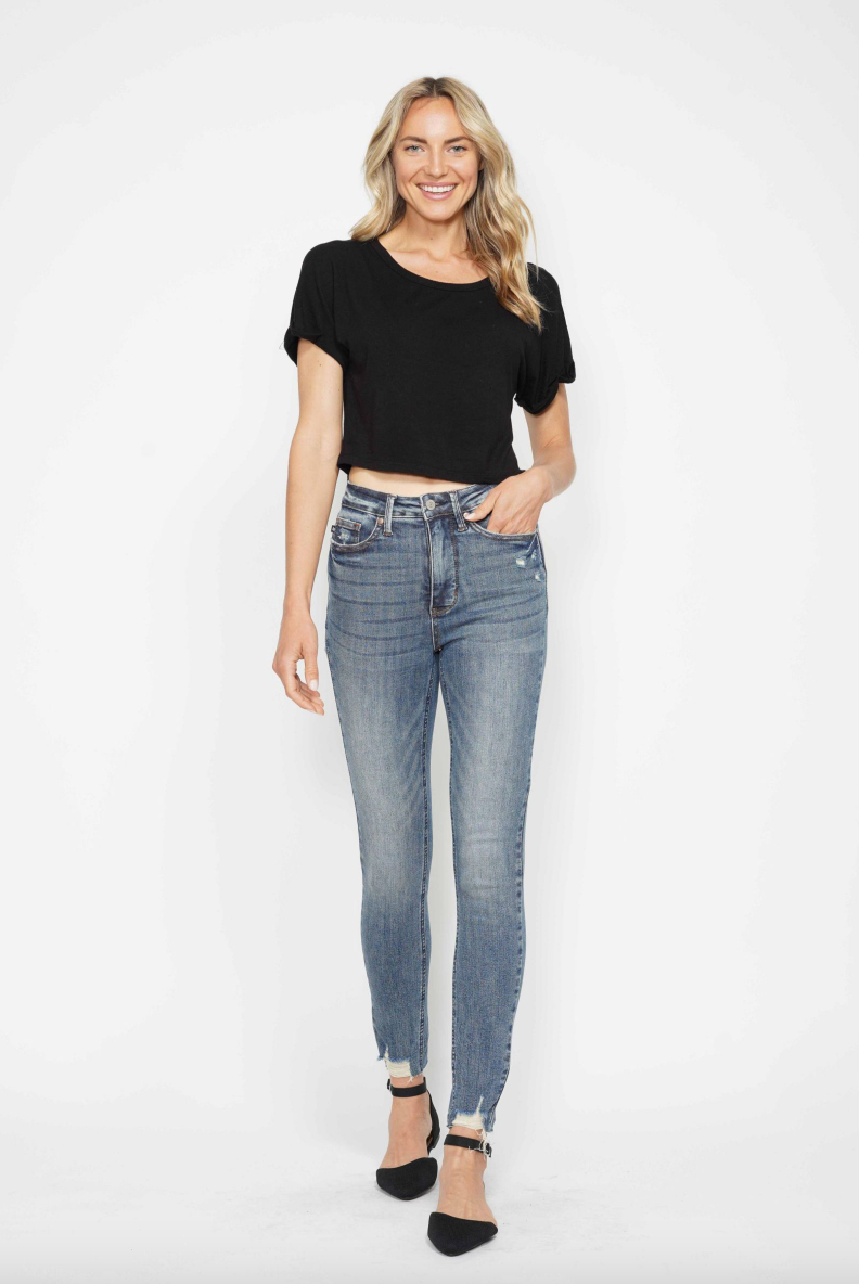 Judy Blue Tummy Control Vintage Wash Destroy Hem Skinny Jeans