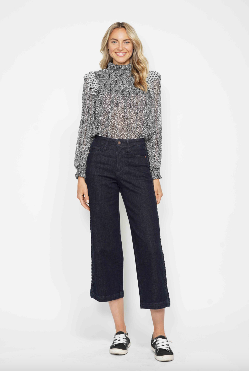 Judy Blue Braided Cropped Wide Leg Jeans - Dark Wash