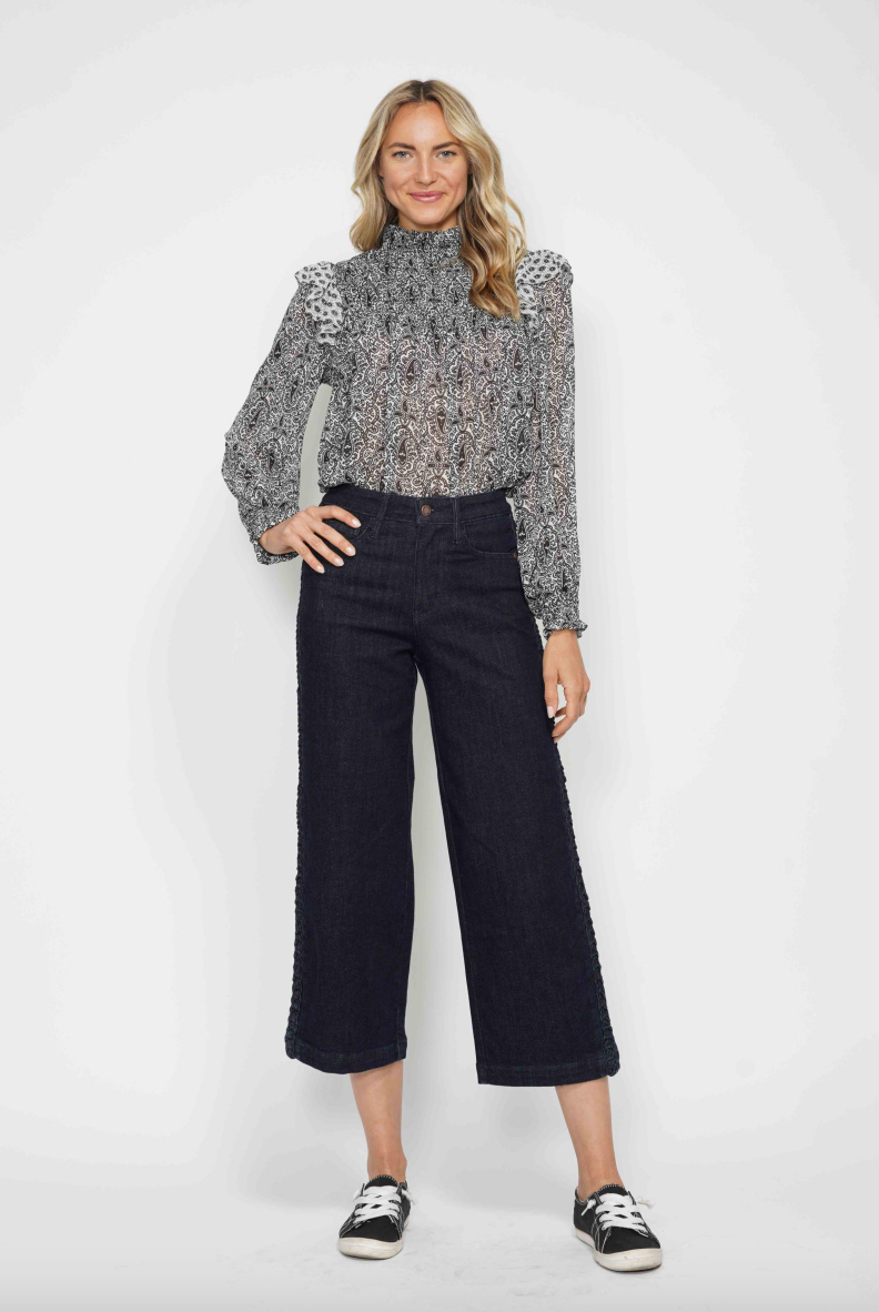 Judy Blue Braided Cropped Wide Leg Jeans - Dark Wash