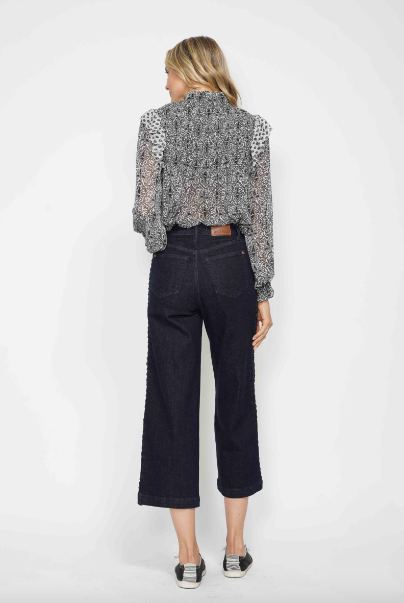 Judy Blue Braided Cropped Wide Leg Jeans - Dark Wash