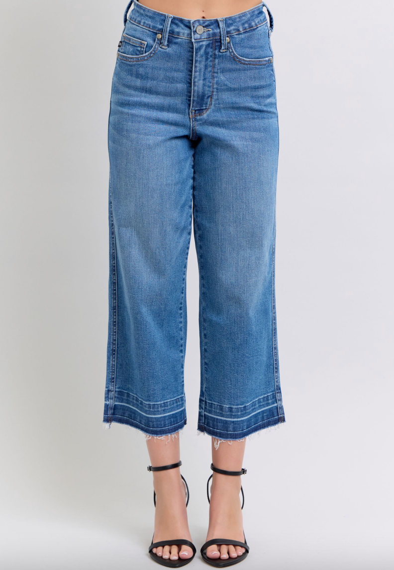 Judy Blue Tummy Control Release Hem Cropped Wide Leg Jeans