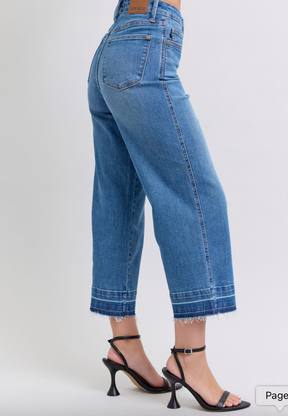 Judy Blue Tummy Control Release Hem Cropped Wide Leg Jeans