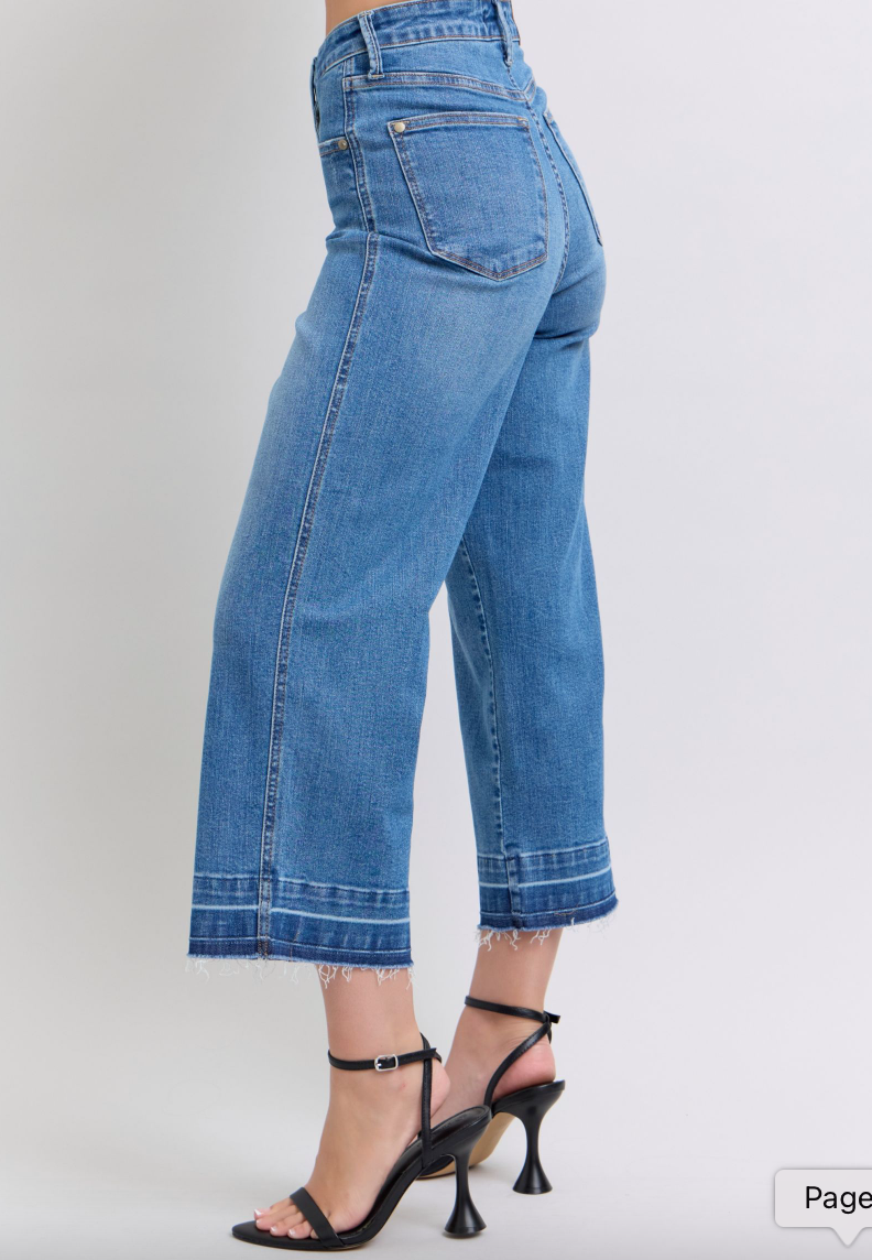 Judy Blue Tummy Control Release Hem Cropped Wide Leg Jeans