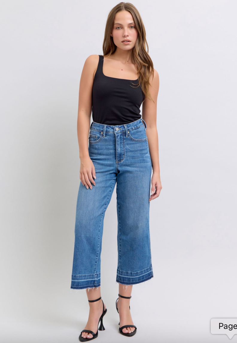 Judy Blue Tummy Control Release Hem Cropped Wide Leg Jeans