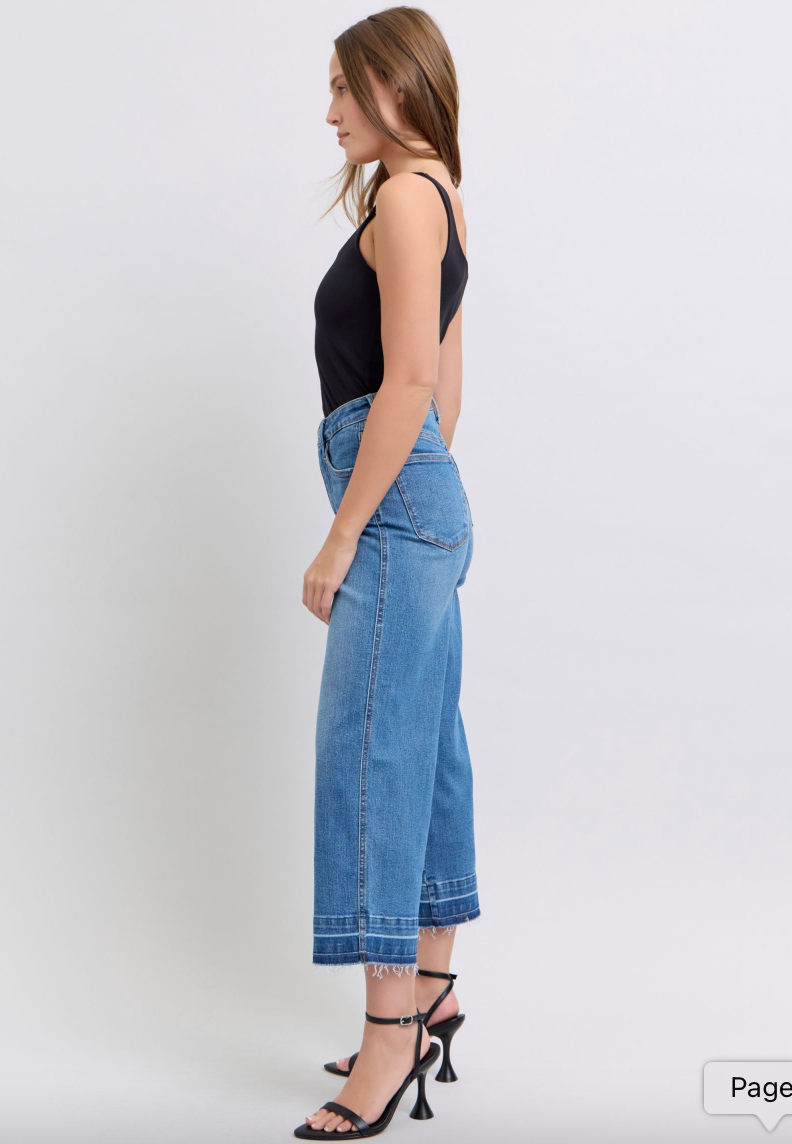 Judy Blue Tummy Control Release Hem Cropped Wide Leg Jeans